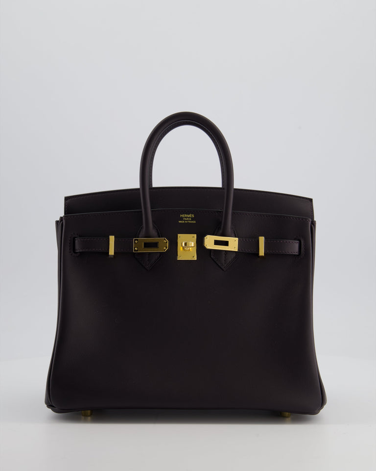 *HOT* Hermes Birkin 25 Retourne Bag in Prunoir Swift Leather with Gold Hardware