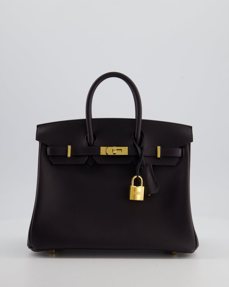 *HOT* Hermes Birkin 25 Retourne Bag in Prunoir Swift Leather with Gold Hardware