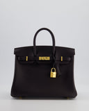 *HOT* Hermes Birkin 25 Retourne Bag in Prunoir Swift Leather with Gold Hardware