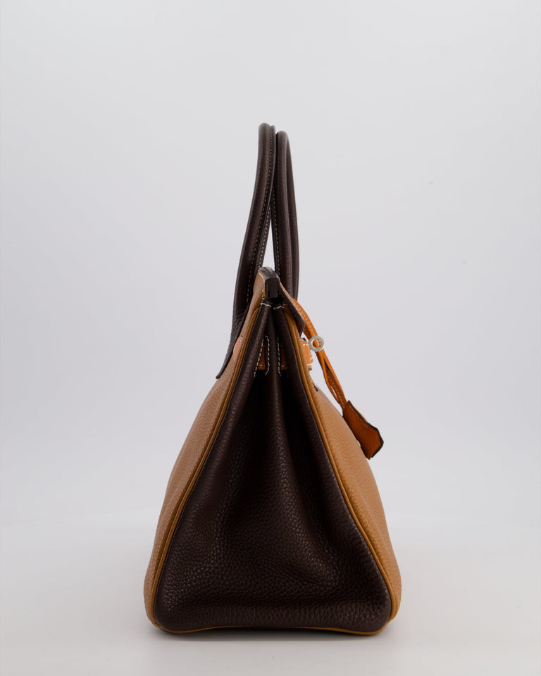 Hermes Birkin 30 Tricolour Retourne Bag in Gold, Chocolate and Orange Togo Leather with Palladium Hardware
