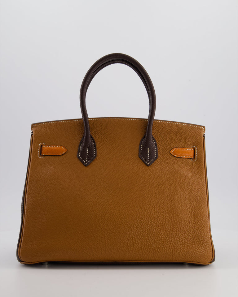 Hermes Birkin 30 Tricolour Retourne Bag in Gold, Chocolate and Orange Togo Leather with Palladium Hardware