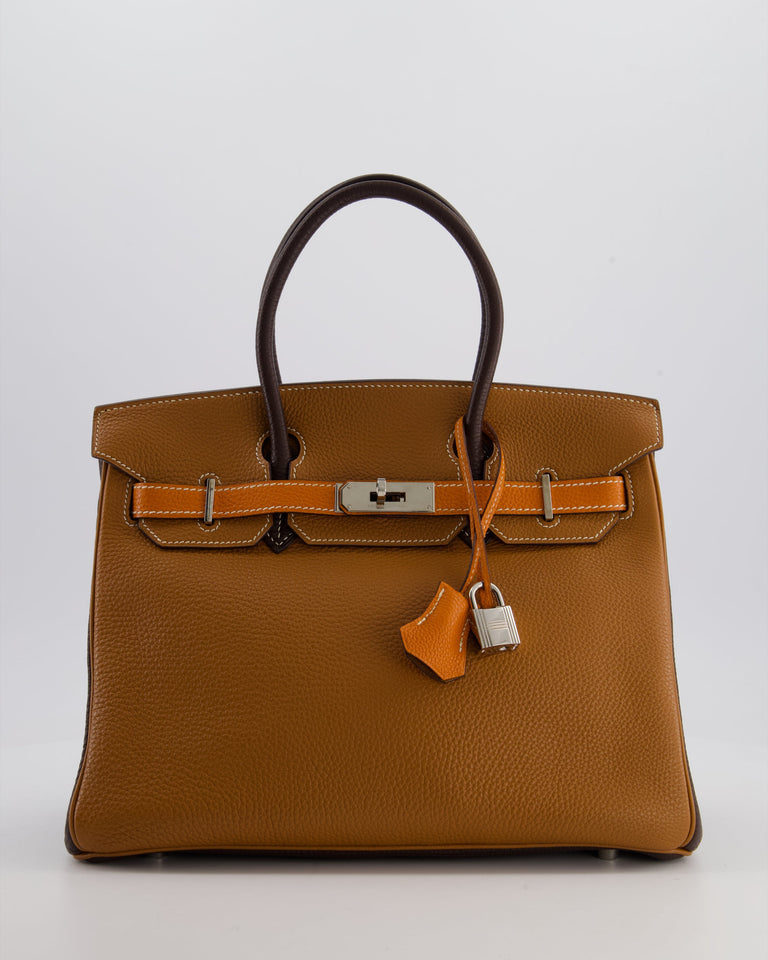 Hermes Birkin 30 Tricolour Retourne Bag in Gold, Chocolate and Orange Togo Leather with Palladium Hardware