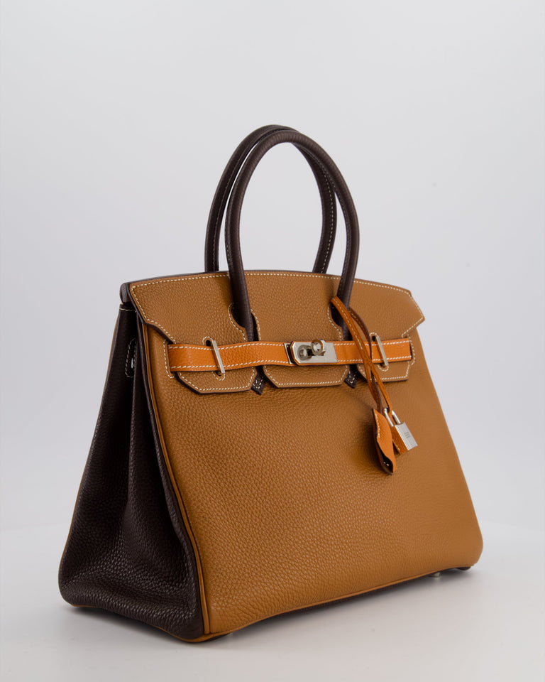 Hermes Birkin 30 Tricolour Retourne Bag in Gold, Chocolate and Orange Togo Leather with Palladium Hardware