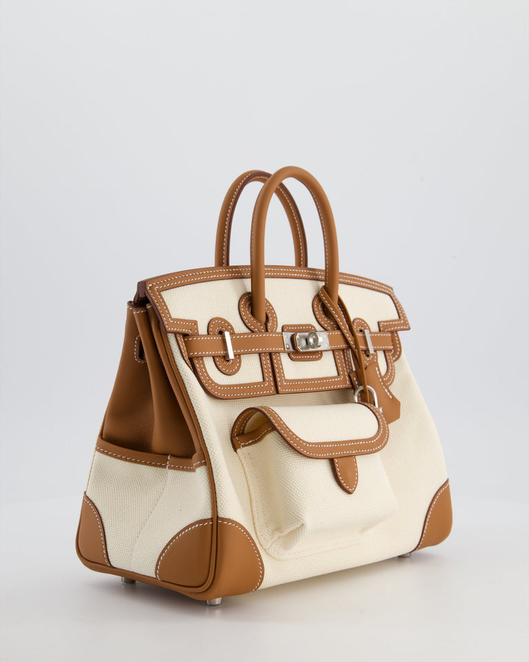 *SUPER HOT & RARE* Hermes Birkin 25 Cargo Bag in Ecru Toile Goeland and Gold Swift Leather with Palladium Hardware