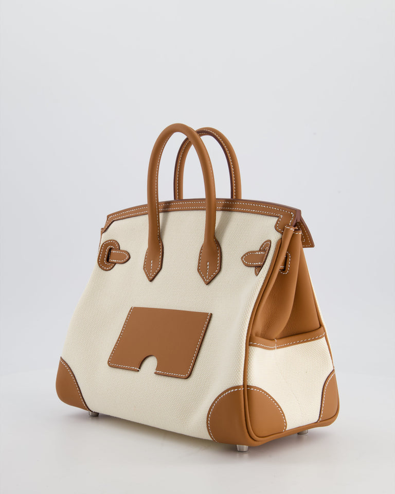 *SUPER HOT & RARE* Hermes Birkin 25 Cargo Bag in Ecru Toile Goeland and Gold Swift Leather with Palladium Hardware