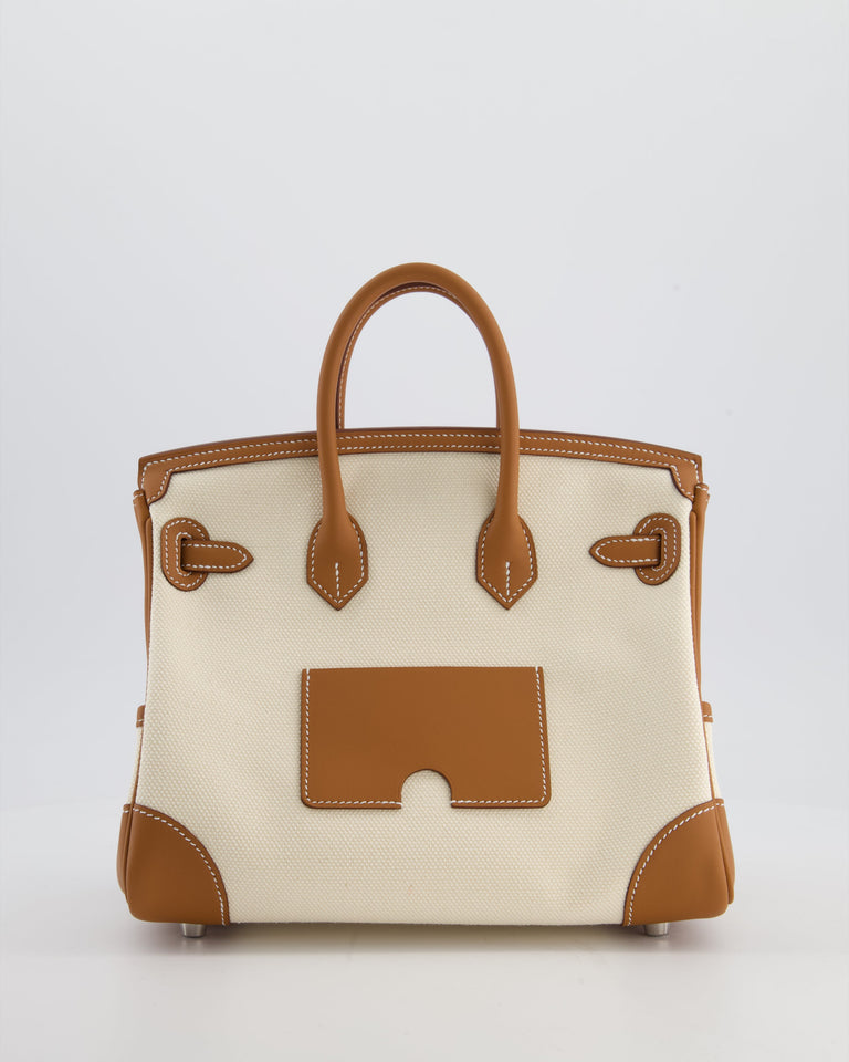 *SUPER HOT & RARE* Hermes Birkin 25 Cargo Bag in Ecru Toile Goeland and Gold Swift Leather with Palladium Hardware