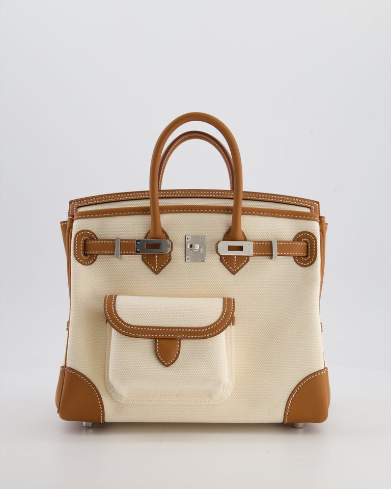 *SUPER HOT & RARE* Hermes Birkin 25 Cargo Bag in Ecru Toile Goeland and Gold Swift Leather with Palladium Hardware