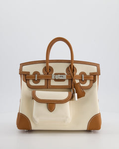*SUPER HOT & RARE* Hermes Birkin 25 Cargo Bag in Ecru Toile Goeland and Gold Swift Leather with Palladium Hardware