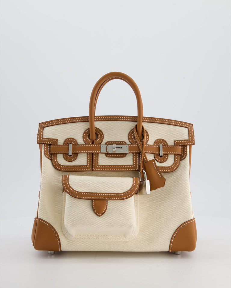 *SUPER HOT & RARE* Hermes Birkin 25 Cargo Bag in Ecru Toile Goeland and Gold Swift Leather with Palladium Hardware