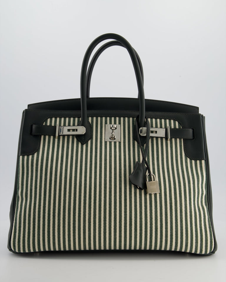 Hermes Birkin 35 Retourne Bag in Ecru & Vert Anglais Toile Riga & Swift Leather with Palladium Hardware
