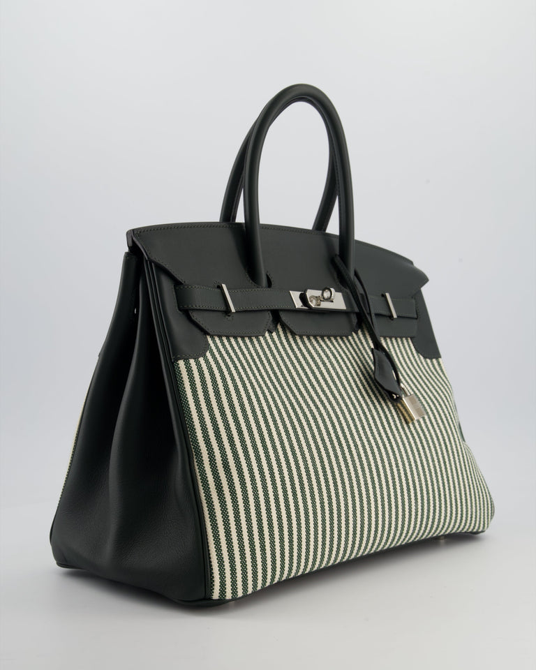 Hermes Birkin 35 Retourne Bag in Ecru & Vert Anglais Toile Riga & Swift Leather with Palladium Hardware