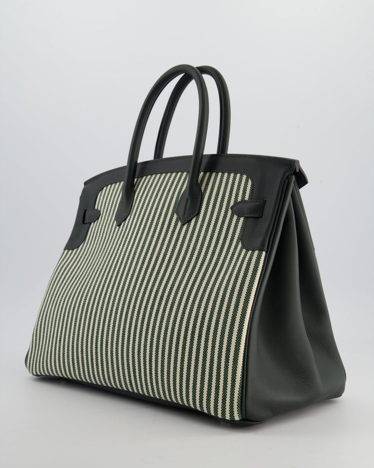 Hermes Birkin 35 Retourne Bag in Ecru & Vert Anglais Toile Riga & Swift Leather with Palladium Hardware
