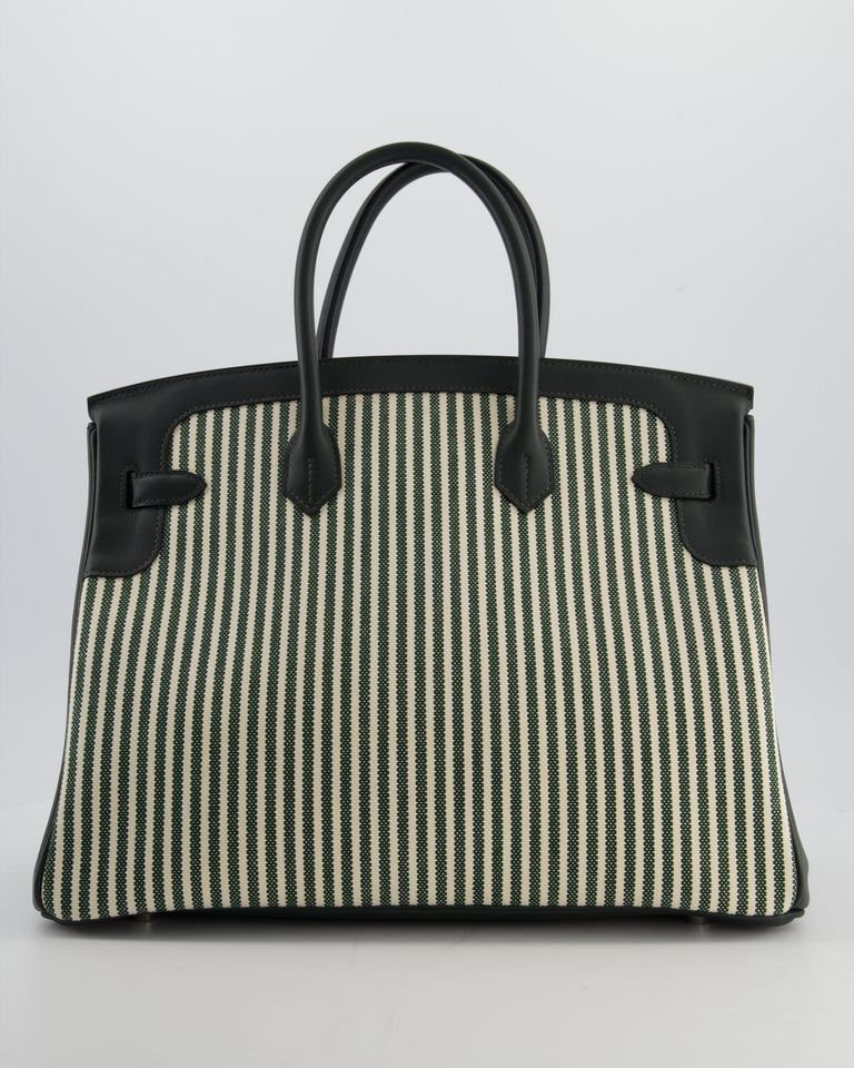 Hermes Birkin 35 Retourne Bag in Ecru & Vert Anglais Toile Riga & Swift Leather with Palladium Hardware