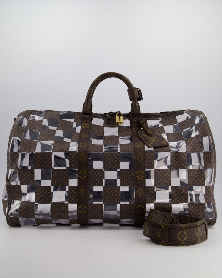 Louis Vuitton Brown Bandouliere Chessboard Keepall 50 in PVC & Monogram Coated Canvas with Matte Brown Hardware