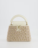 Louis Vuitton Capucines Satin Mini Bag in White Cowhide Leather with Gold Metallic Embroidery and Gold Studs Detail