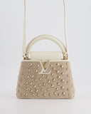Louis Vuitton Capucines Satin Mini Bag in White Cowhide Leather with Gold Metallic Embroidery and Gold Studs Detail