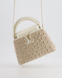 Louis Vuitton Capucines Satin Mini Bag in White Cowhide Leather with Gold Metallic Embroidery and Gold Studs Detail