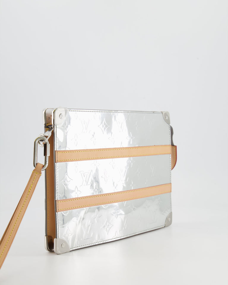 Louis Vuitton FW/21 Silver Metallic Monogram Mirror Vinyl and Vachetta Leather Pouch Bag with Strap
