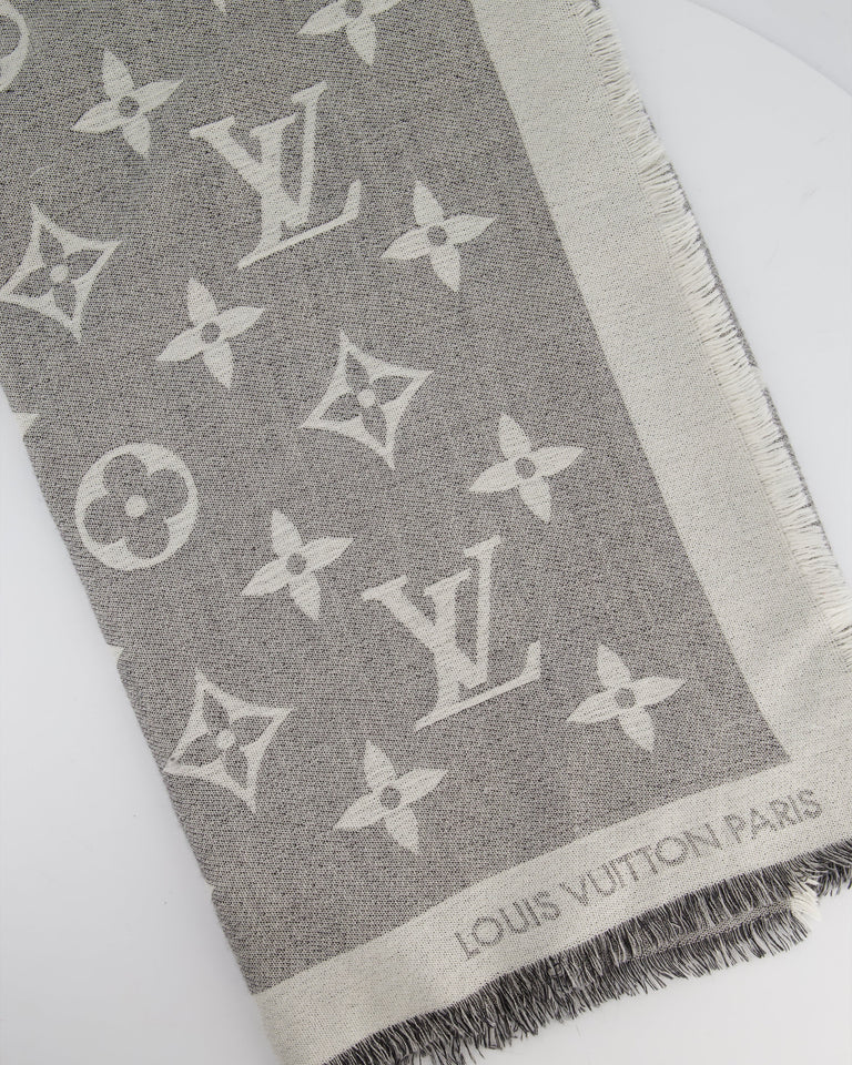 Louis Vuitton Grey Monogram Scarf with Fringe Detail Size 140cm x 140cm