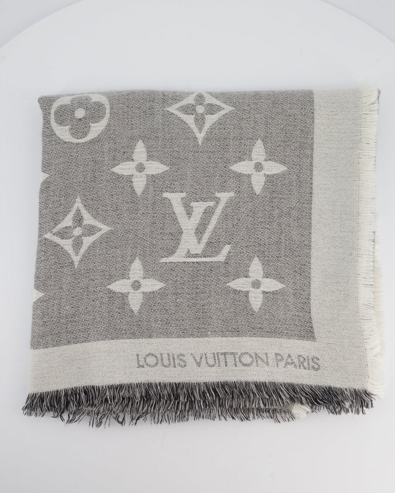 Louis Vuitton Grey Monogram Scarf with Fringe Detail Size 140cm x 140cm