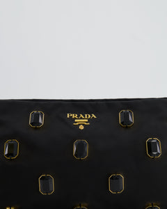 Prada Black Nylon Clutch Bag with Rhinestones Appliqué and Gold Logo
