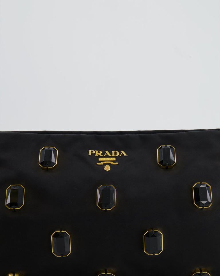 Prada Black Nylon Clutch Bag with Rhinestones Appliqué and Gold Logo