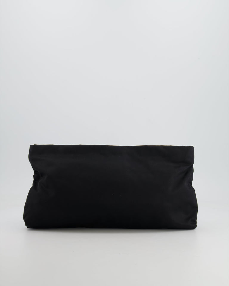 Prada Black Nylon Clutch Bag with Rhinestones Appliqué and Gold Logo
