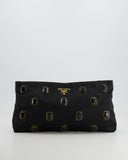 Prada Black Nylon Clutch Bag with Rhinestones Appliqué and Gold Logo