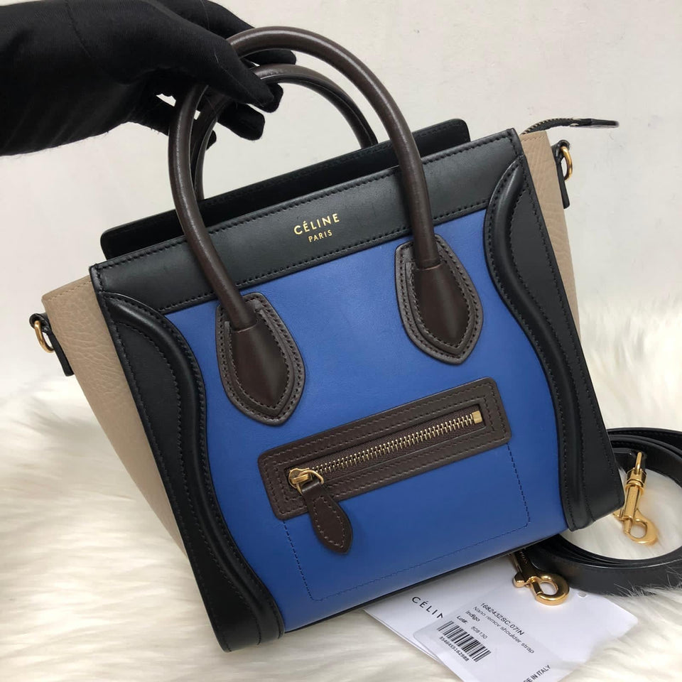 Tri-Coloured Nano Luggage Tote in Cobalt/Black/Tan