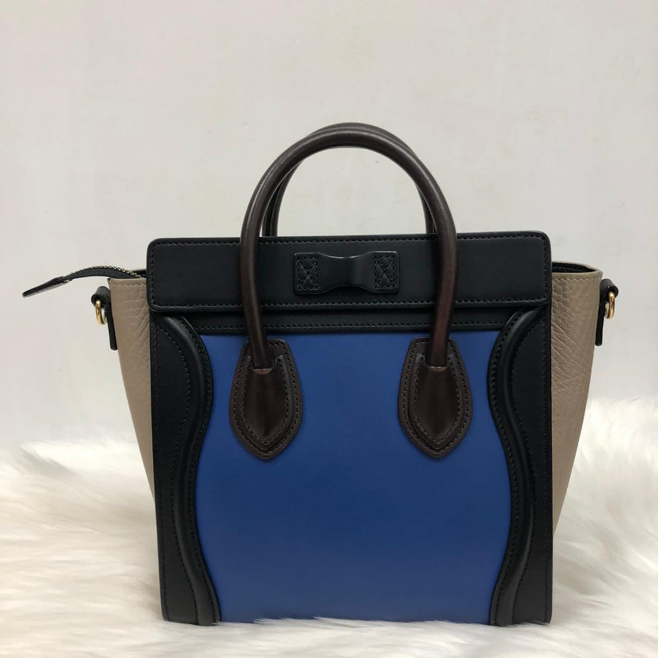Tri-Coloured Nano Luggage Tote in Cobalt/Black/Tan