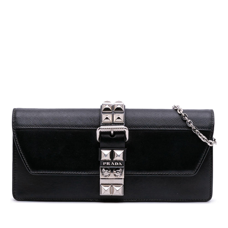 Prada City Calfskin and Saffiano Studded Elektra Clutch with Chain