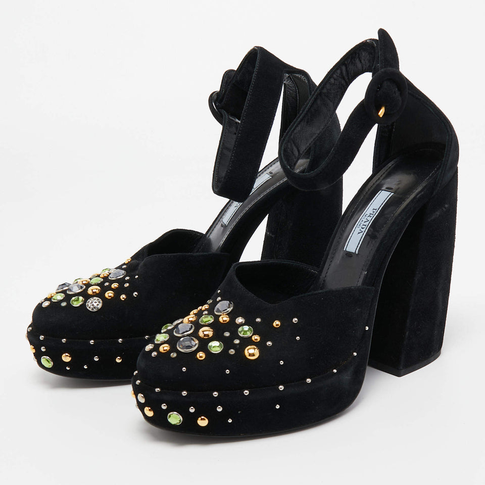 Prada SUEDE CRYSTAL EMBELLISHED D'ORSAY PUMP HEELS