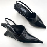 Prada LEATHER SLINGBACK GEOMETRIC WEDGE HEEL PUMPS