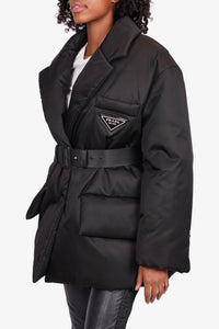 Prada 2021 Black Re-Nylon 'Gabardine' Puffer Jacket With Belt Size 38