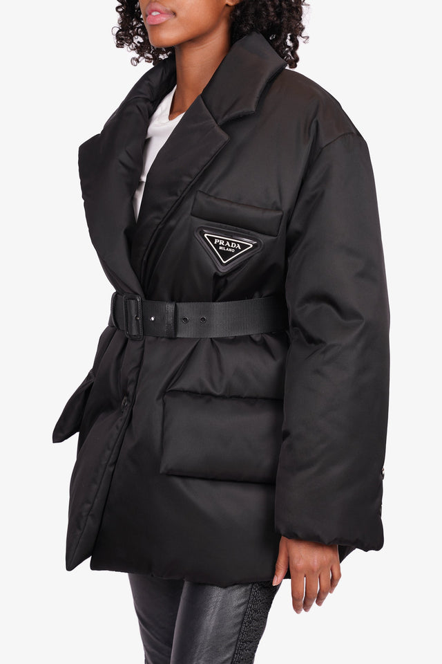 Prada 2021 Black Re-Nylon 'Gabardine' Puffer Jacket With Belt Size 38