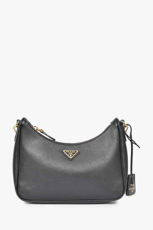 Prada Black Leather Saffiano Re-Edition Bag GHW w/ Strap & Pouch
