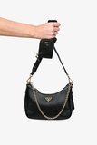 Prada Black Leather Saffiano Re-Edition Bag GHW w/ Strap & Pouch