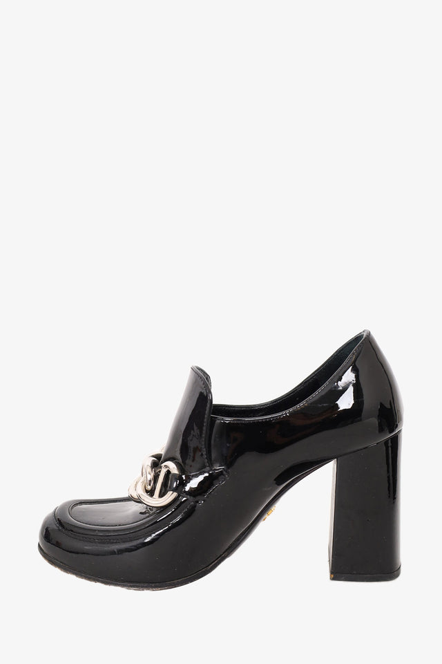 Prada Black Patent Leather Block Heel Loafer Size 35.5