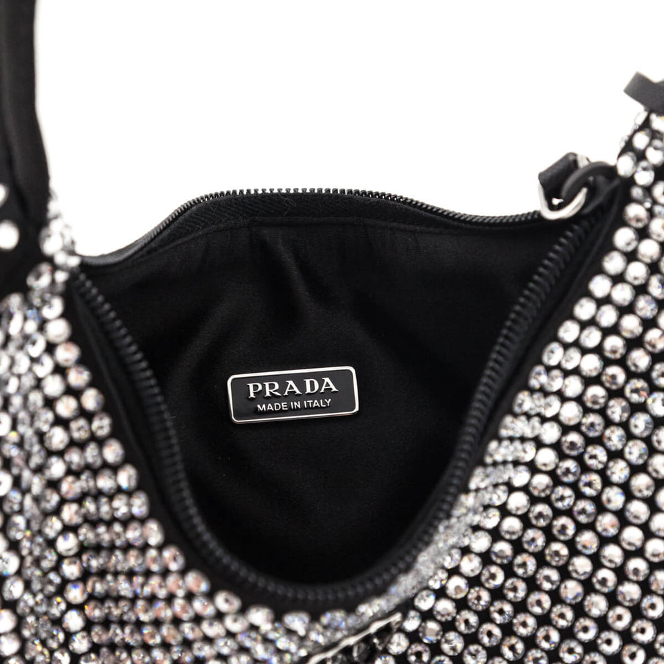 Prada Black Satin & Crystal Mini Re-Edition 2000 Bag