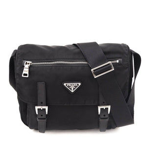 Prada Black Tessuto Nylon Double Buckle Small Messenger Bag