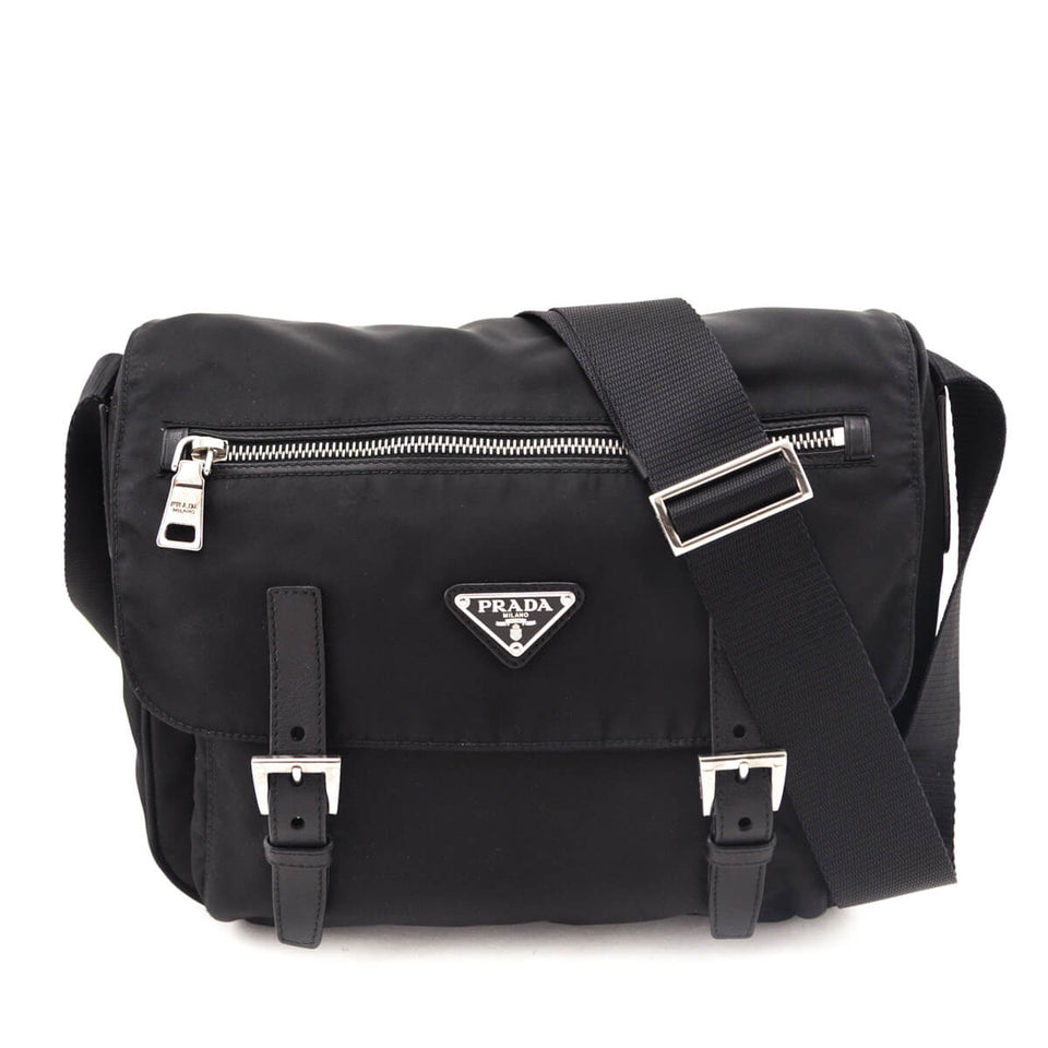 Prada Black Tessuto Nylon Double Buckle Small Messenger Bag