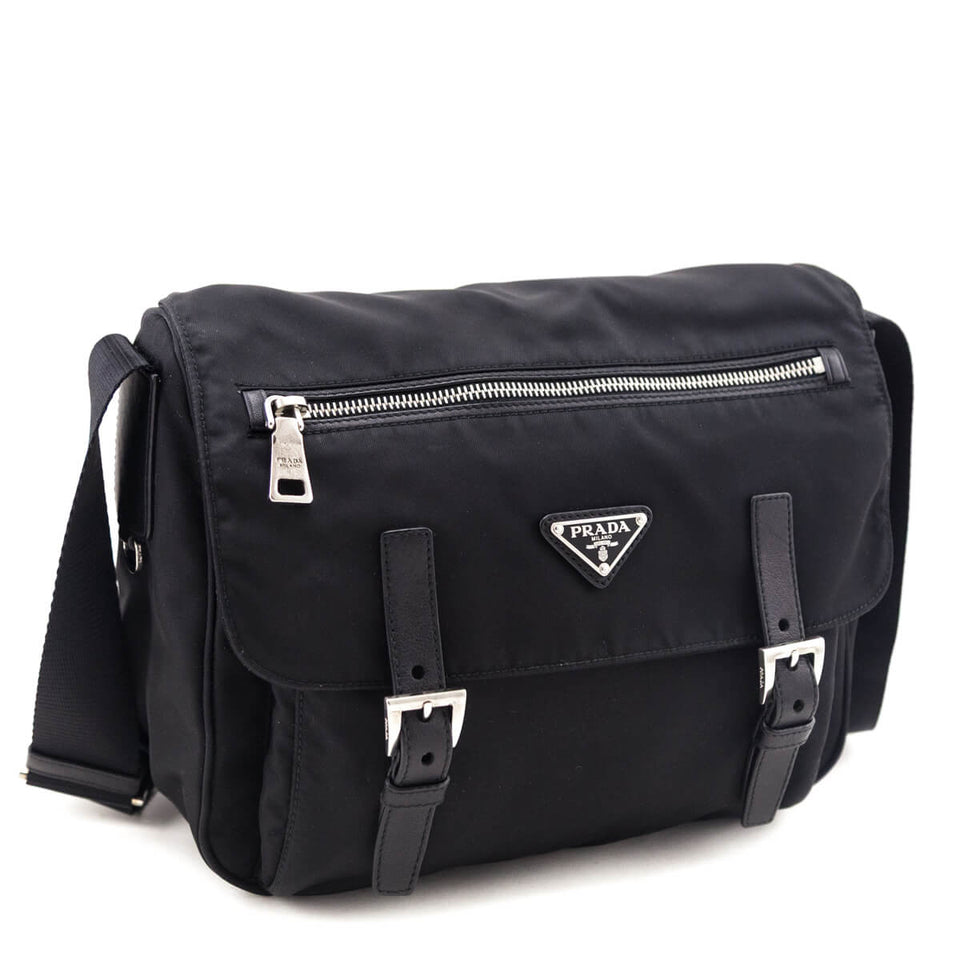 Prada Black Tessuto Nylon Double Buckle Small Messenger Bag