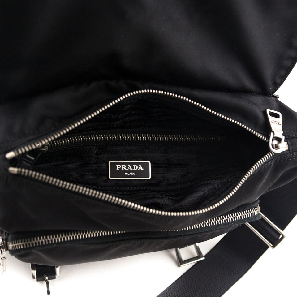 Prada Black Tessuto Nylon Double Buckle Small Messenger Bag