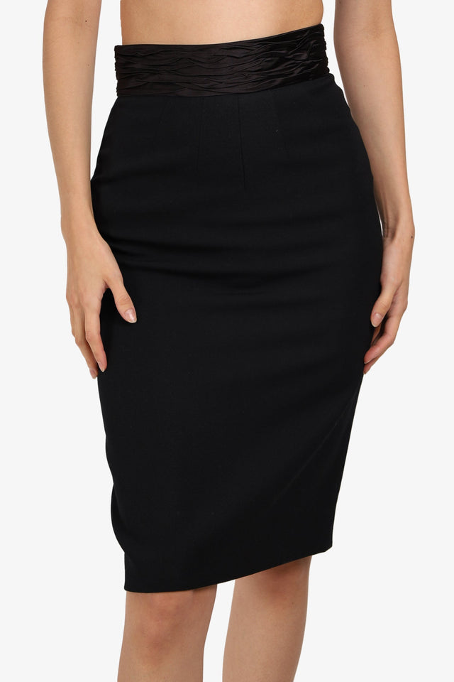 Prada Black Virgin Wool Pencil Skirt with Ruched Silk Waist Band Size 38