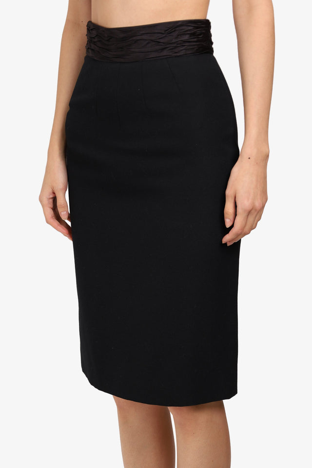 Prada Black Virgin Wool Pencil Skirt with Ruched Silk Waist Band Size 38
