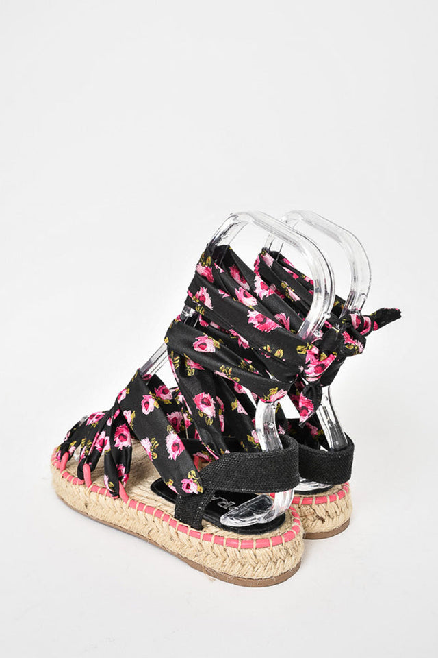 Prada Black/Pink Floral Satin Tie Up Espadrille Sandals Size 37.5