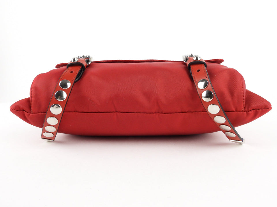 Prada Cherry Red Tessuto Nylon New Vela Studded Shoulder Bag