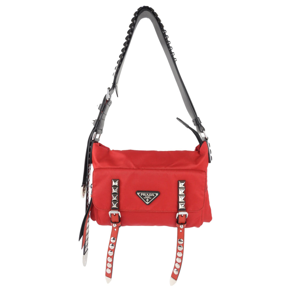 Prada Cherry Red Tessuto Nylon New Vela Studded Shoulder Bag