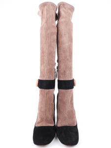 Prada Dusty Rose and Black Bi-Color Suede Leather Knee High Block Heel Boots - 39