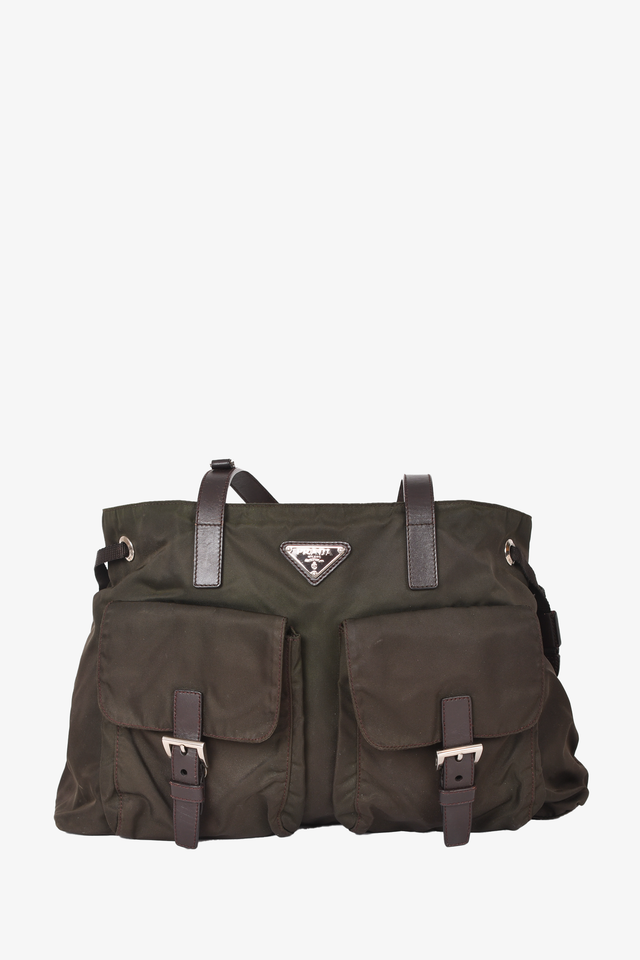 Prada Green/Brown Nylon Tessuto Double Pocket Tote Bag